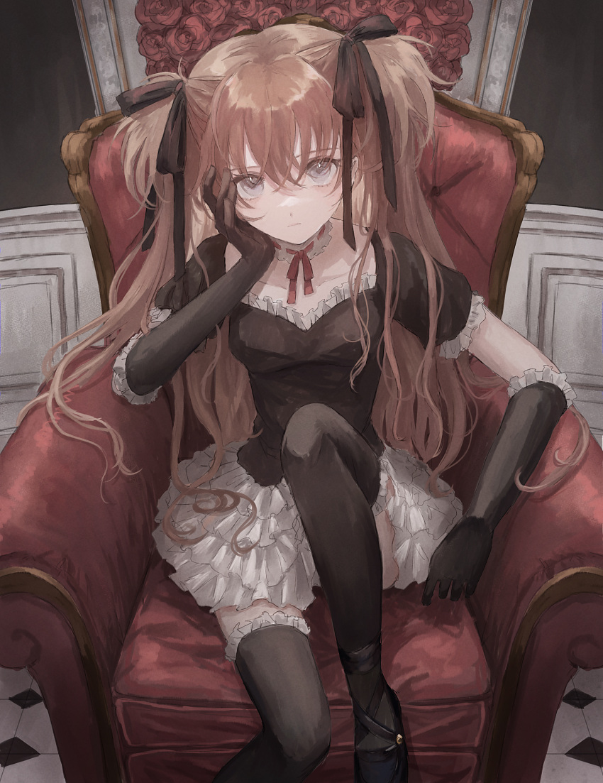 1girl, bangs, black_gloves, black_ribbon, black_shirt, black_thighhighs, brown_hair, choker
