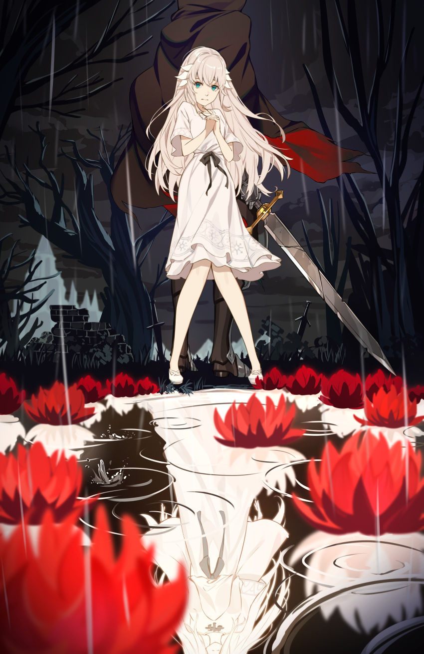 1boy, 1girl, afloat, armor, back-to-back, bare_tree, black_bow, bow