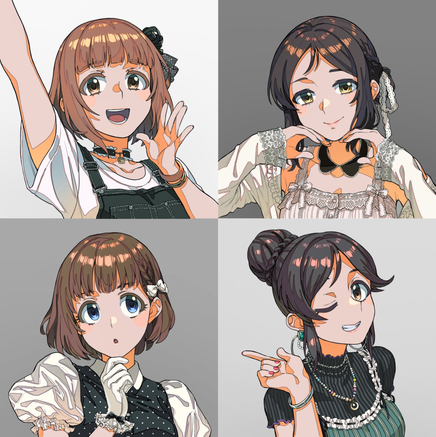 4girls, ;d, ayase_honoka, bangs, black_hair, blunt_bangs, bracelet, braid