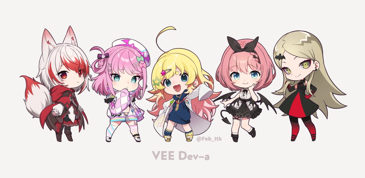5girls, ahoge, animal_ears, bangs, blonde_hair, blue_eyes, chibi, feb_itk