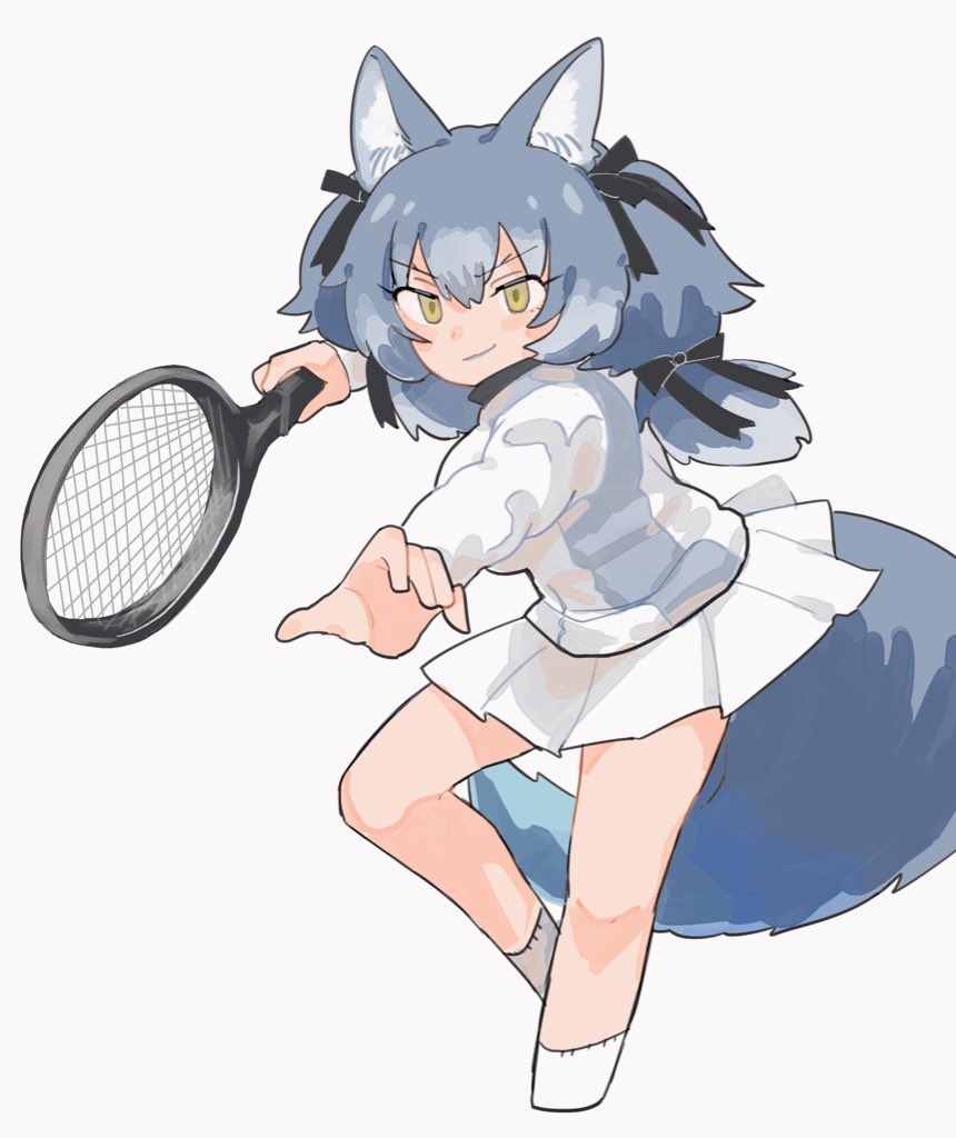 1girl, animal_costume, animal_ear_fluff, animal_ears, blue_hair, closed_mouth, dire_wolf_(kemono_friends), kemono_friends, kemono_friends_v_project, long_hair, looking_at_viewer, racket, ribbon, shimazoenohibi, simple_background, skirt, socks, solo, sportswear, tail, tennis_racket, tennis_uniform, twintails, virtual_youtuber, wolf_costume, wolf_ears, wolf_girl, wolf_tail, yellow_eyes