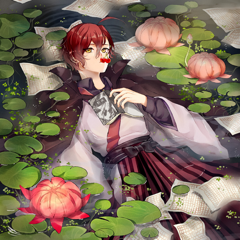 1boy, afloat, ahoge, black_shirt, book, brown_cape, bungou_to_alchemist, cape