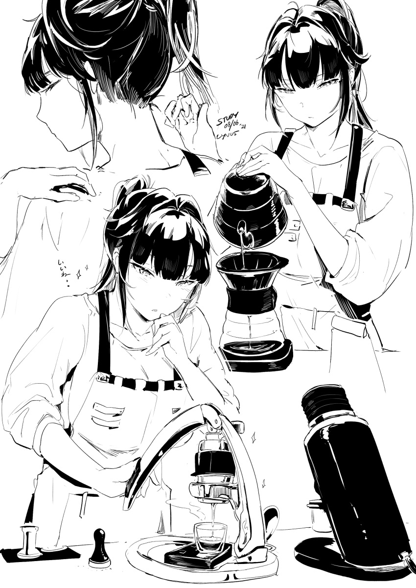 1girl, absurdres, apron, bow, breasts, coffee, coffee_maker_(object), collarbone