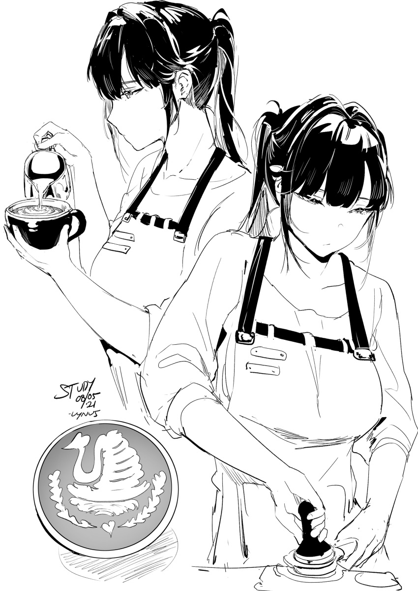 1girl, absurdres, apron, bow, breasts, coffee, collarbone, cup