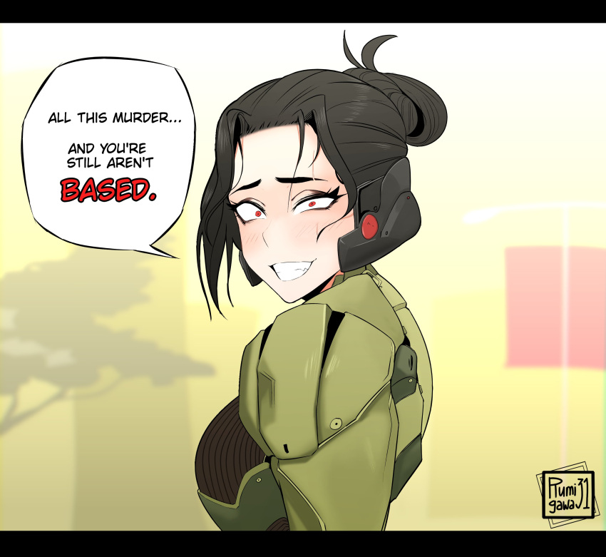 1girl, absurdres, black_hair, constricted_pupils, english_commentary, english_text, evil_grin, evil_smile