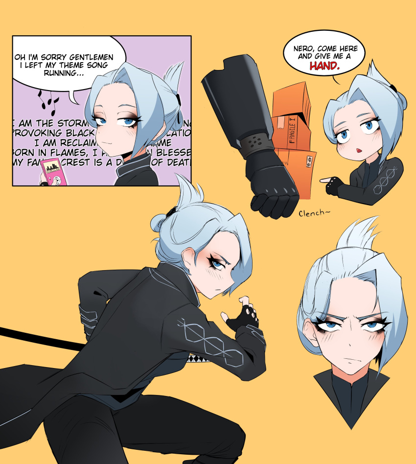 1girl, absurdres, battoujutsu_stance, black_coat, black_gloves, black_pants, blue_eyes, blue_hair