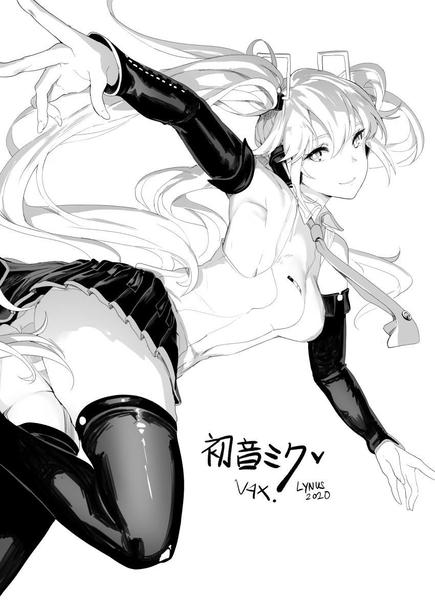 1girl, 2020, absurdres, armpits, breasts, dated, detached_sleeves, hair_between_eyes, hatsune_miku, highres, long_hair, looking_at_viewer, lynus, medium_breasts, miniskirt, monochrome, necktie, panties, pleated_skirt, skirt, solo, striped, striped_panties, thigh-highs, twintails, underwear, upskirt, vocaloid