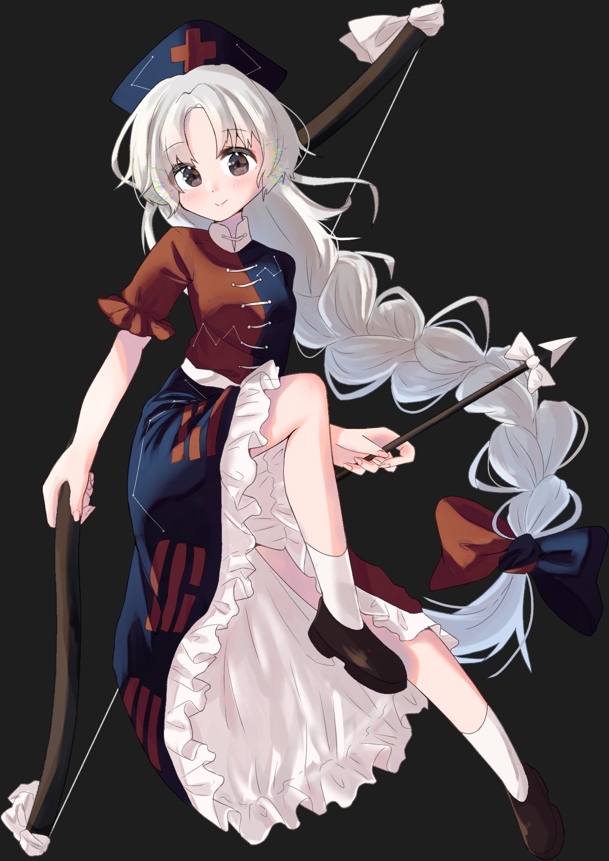 1girl, arrow_(projectile), blue_dress, bow_(weapon), braid, brown_footwear, commentary_request, constellation_print, cross, dress, frilled_dress, frills, grey_eyes, hat, highres, holding, holding_arrow, holding_bow_(weapon), holding_weapon, kimura8556spsk, long_hair, nurse_cap, petticoat, puffy_short_sleeves, puffy_sleeves, red_cross, red_dress, sash, short_sleeves, single_braid, socks, solo, touhou, weapon, white_hair, white_sash, white_socks, yagokoro_eirin