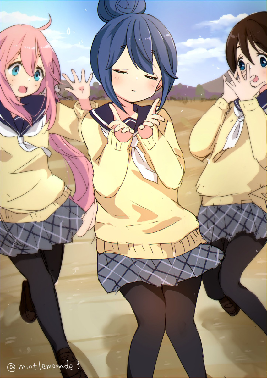 3girls, :o, black_hair, black_pantyhose, blowing_kiss, blue_hair, closed_eyes, hair_bun