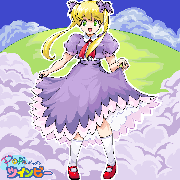 1girl, blonde_hair, blue_sky, bow, clouds, copyright_name, day, dress, full_body, green_eyes, hair_bow, hill, long_hair, madoka_(twinbee), mary_janes, outdoors, puffy_short_sleeves, puffy_sleeves, purple_bow, purple_dress, red_footwear, rf, shoes, short_sleeves, skirt_hold, sky, socks, solo, standing, twinbee, twintails, white_socks