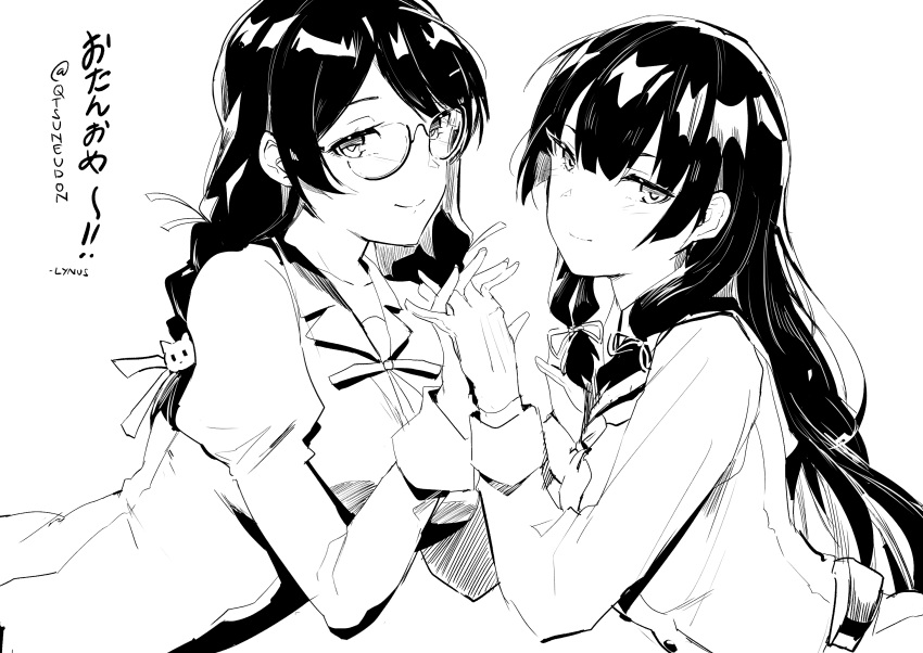 2girls, bow, braid, glasses, hair_bow, hair_ornament, hanekawa_tsubasa, highres, holding_hands, long_hair, looking_at_viewer, looking_to_the_side, lynus, monochrome, monogatari_(series), multiple_girls, puffy_sleeves, sailor_collar, school_uniform, senjougahara_hitagi, smile, solo, tareme, tsurime