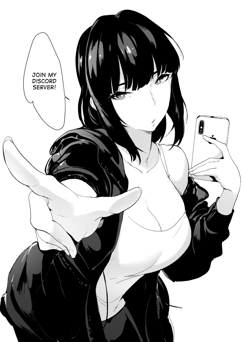 1girl, absurdres, breasts, english_text, foreshortening, hair_intakes, highres, large_breasts