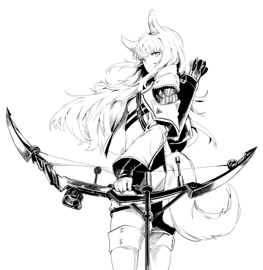 1girl, animal_ears, arknights, arrow_(projectile), boots, bow, capelet, highres, long_hair, looking_back, lynus, monochrome, platinum_(arknights), quiver, solo, standing, wide_sleeves, wind