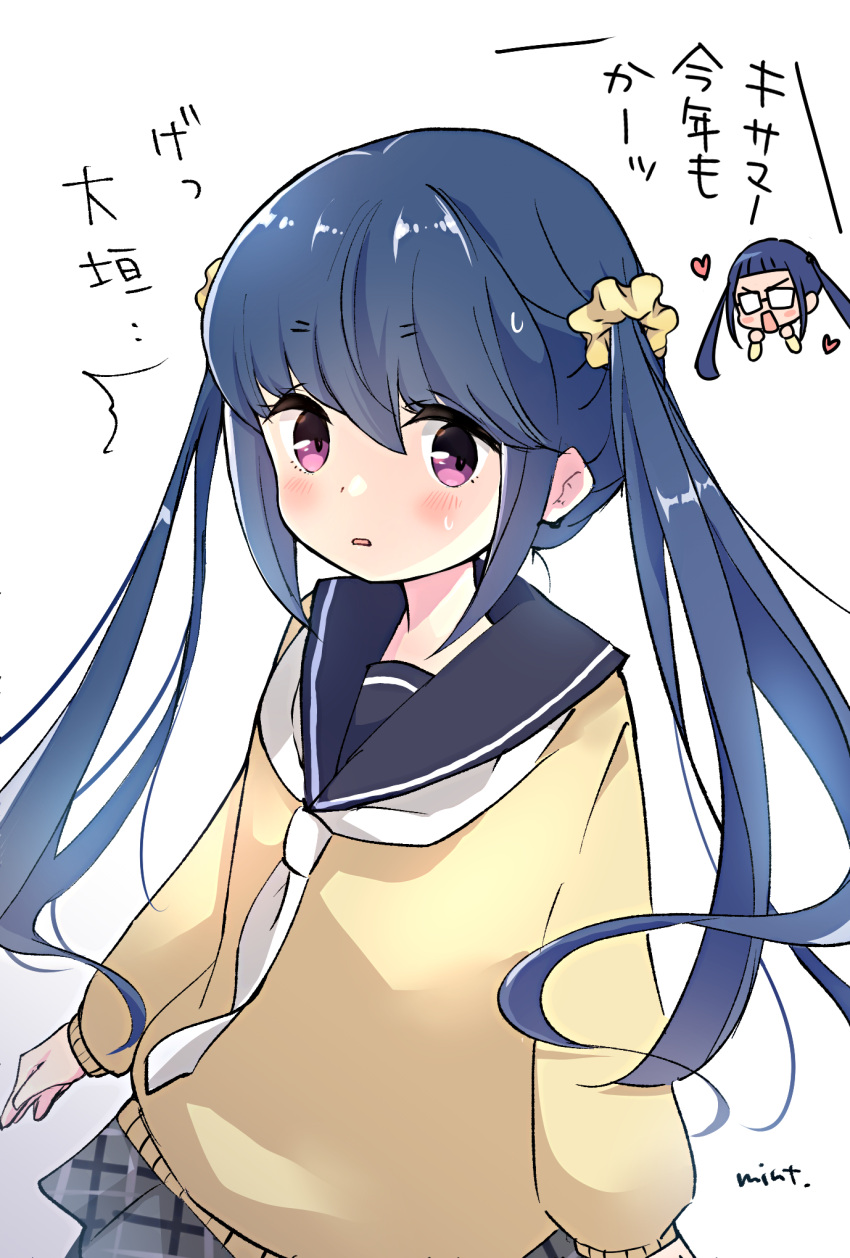 2girls, alternate_hairstyle, blue_hair, blush, glasses, highres, mint_(mintlemonade3), multiple_girls, oogaki_chiaki, opaque_glasses, purple_hair, sailor_collar, school_uniform, scrunchie, shima_rin, translated, twintails, twintails_day, violet_eyes, white_background, yurucamp