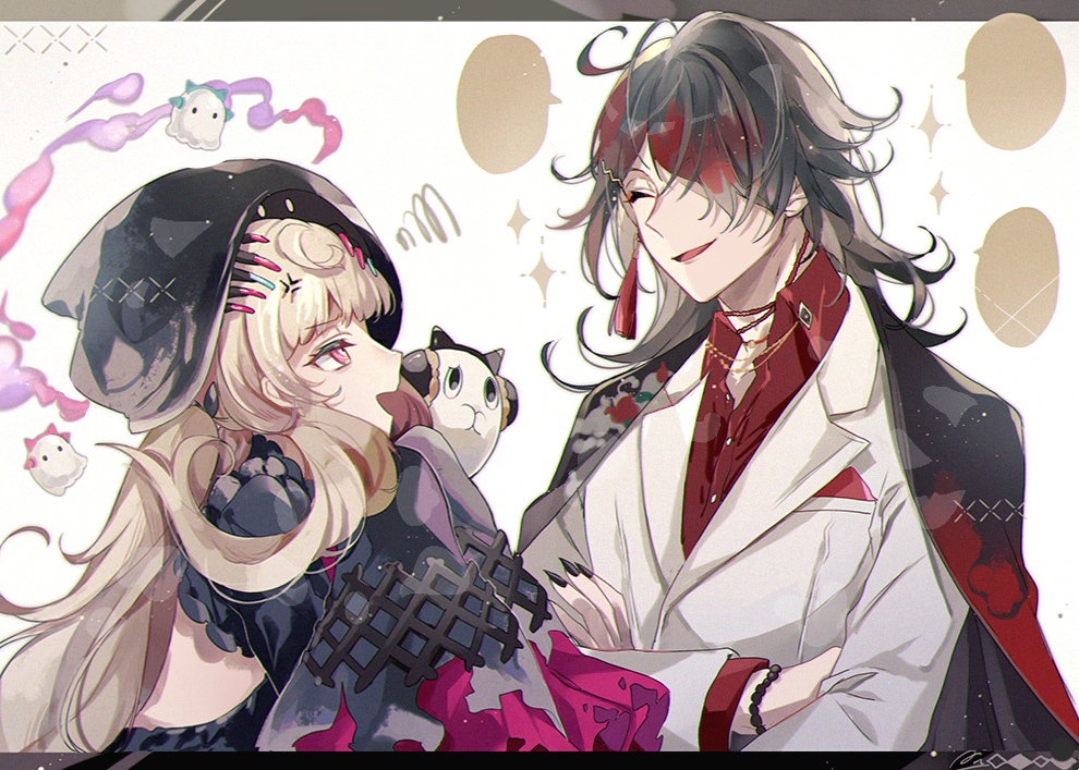 1boy, 1girl, ahoge, anger_vein, backless_dress, backless_outfit, bangs, bare_back