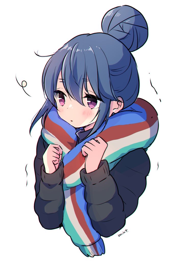 1girl, blue_hair, cold, hair_bun, jacket, mint_(mintlemonade3), scarf, shima_rin, solo, upper_body, violet_eyes, white_background, yurucamp