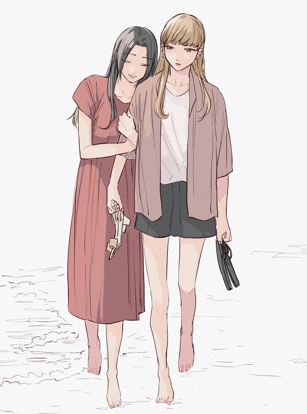 2girls, arita_sakiko, arm_grab, barefoot, black_hair, blonde_hair, closed_eyes, dress