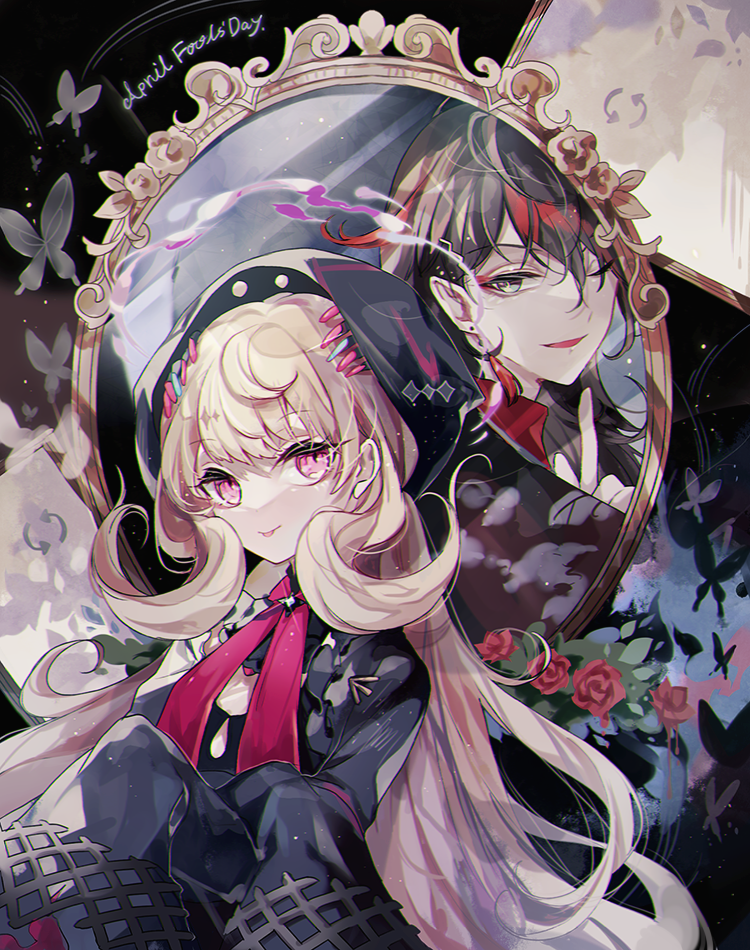 1boy, 1girl, :p, absurdly_long_hair, ahoge, bangs, black_background, black_dress