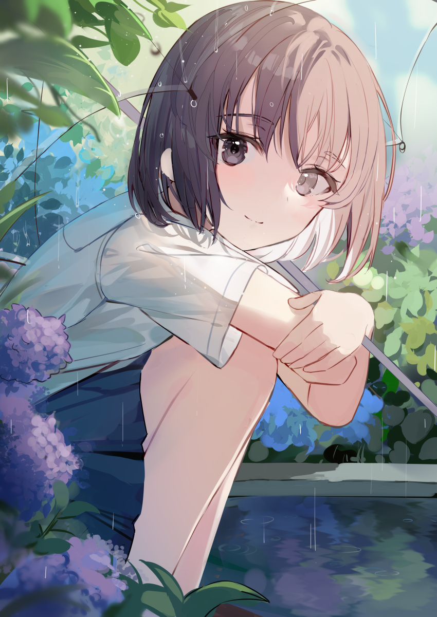 1girl, absurdres, aroa_(aroamoyasi), bangs, blue_reflection, blue_skirt, brown_eyes, flower