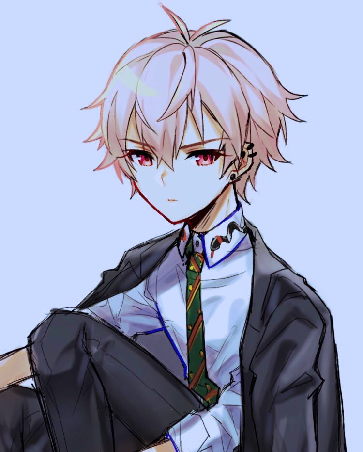 1boy, afterl!fe, blue_background, closed_mouth, ear_piercing, earrings, hwaen, jacket