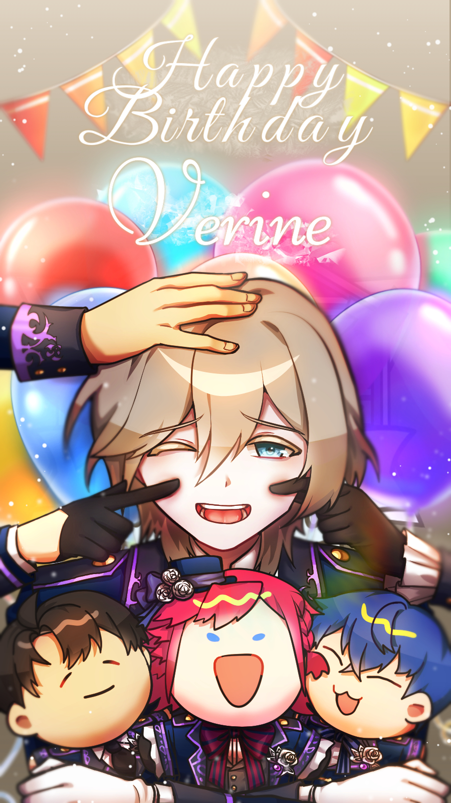 4boys, afterl!fe, balloon, blonde_hair, blue_eyes, blue_hair, blush, brown_hair