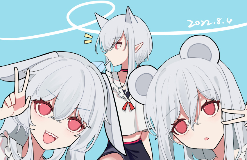 3girls, :d, animal_ears, arknights, bear_ears, black_skirt, blue_background, cat_ears