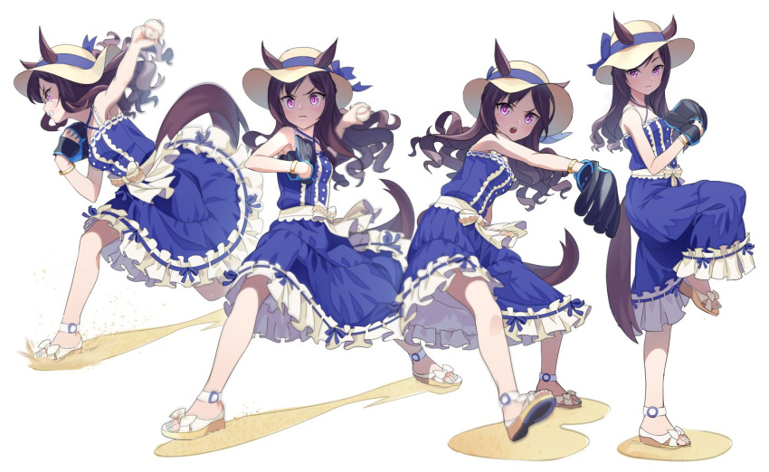 1girl, animal_ears, baseball_mitt, blue_dress, brown_hair, dress, ears_through_headwear, frilled_dress
