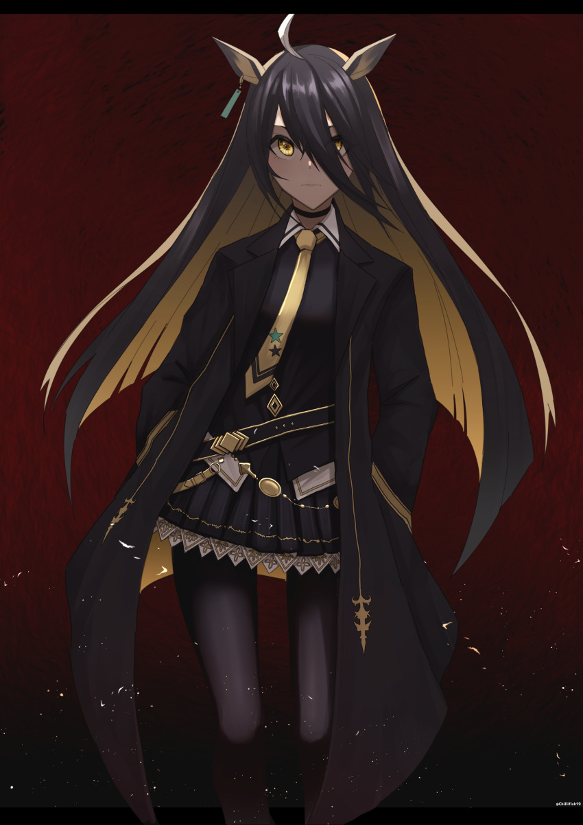 1girl, absurdres, ahoge, animal_ears, black_coat, black_hair, black_pantyhose, choker