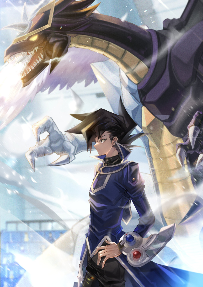1boy, absurdres, bangs, black_hair, coat, dragon, duel_academy_uniform_(yu-gi-oh!_gx), duel_disk