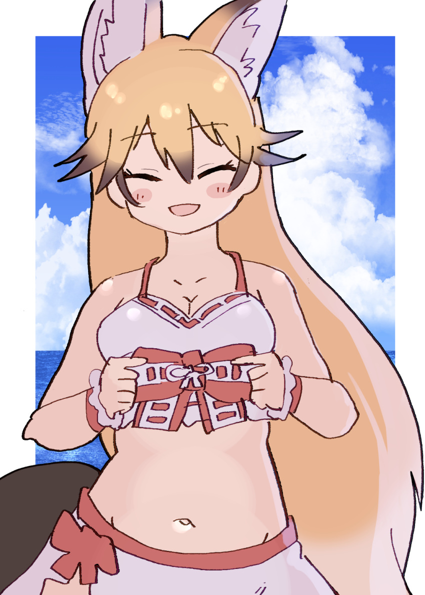 1girl, animal_ears, bare_arms, bare_shoulders, bikini, blush, bow, closed_eyes