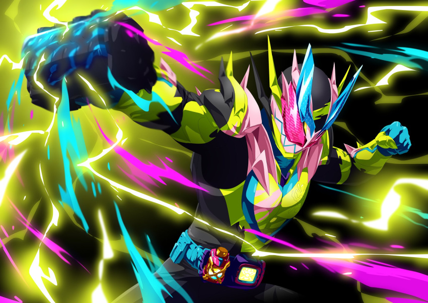 1boy, blue_gloves, clenched_hand, electricity, fighting_stance, gloves, green_armor, highres