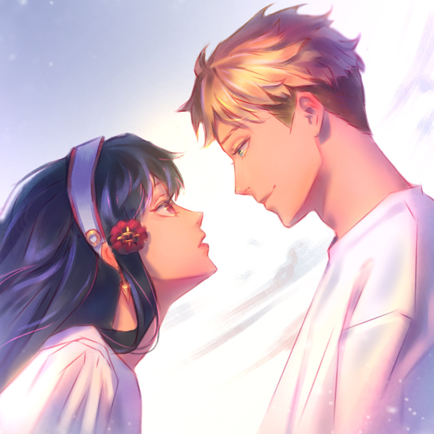1boy, 1girl, black_hair, blonde_hair, blue_eyes, couple, earrings, gold_earrings