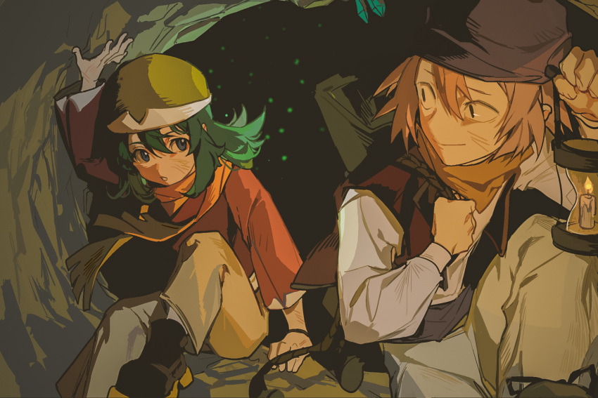 1boy, 1girl, behind_back, blue_eyes, bruise, cave, foot_out_of_frame, green_hair