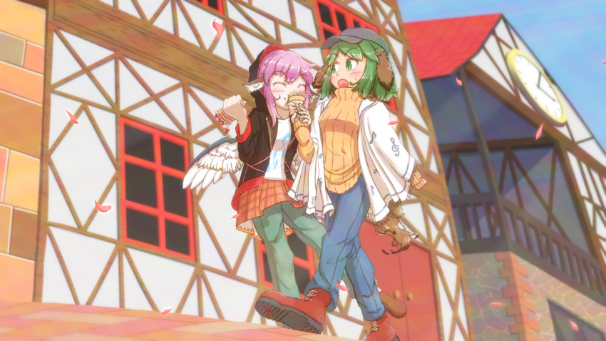 2girls, alternate_costume, animal_ears, bass_clef, beamed_eighth_notes, beamed_sixteenth_notes, bird_ears, bird_wings