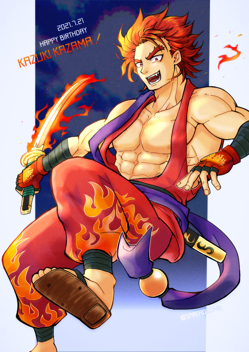 1boy, abs, bangs, dated, fangs, fingerless_gloves, fire, flame_print, flaming_sword, flaming_weapon, gloves, happy_birthday, highres, hirano_(spreadbomb), holding, japanese_clothes, kazama_kazuki, looking_at_viewer, male_focus, muscular, muscular_male, pants, pectorals, red_eyes, red_gloves, redhead, samurai_spirits, sandals, sheath, short_hair, smile, solo, sword, thick_eyebrows, weapon, zouri