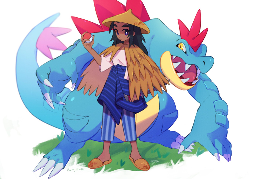 1other, androgynous, black_hair, feraligatr, grass, hat, highres, machete, margaret_h, original, pants, poke_ball, poke_ball_(basic), pokemon, pokemon_(creature), sandals, signature, striped, striped_pants, twitter_username, violet_eyes