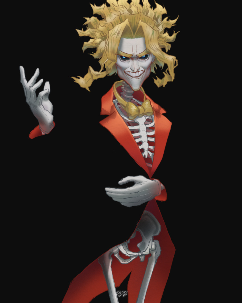 1boy, absurdres, black_background, black_sclera, blonde_hair, boku_no_hero_academia, bow, bowtie, colored_sclera, gloves, grin, hand_up, highres, looking_at_viewer, male_focus, medium_hair, messy_hair, pale_skin, red_meat_sauce, skeleton, smile, solo, standing, thick_eyebrows, white_gloves, yagi_toshinori, yellow_bow, yellow_bowtie