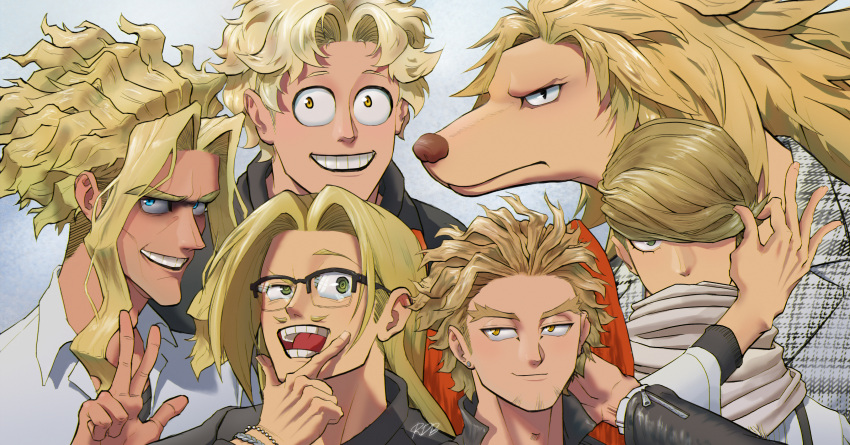 6+boys, :d, absurdres, animal_nose, best_jeanist, blonde_hair, blue_eyes, boku_no_hero_academia, bracelet, character_request, color_connection, earrings, english_commentary, facial_hair, fat_gum_(boku_no_hero_academia), green_eyes, hair_color_connection, hair_over_one_eye, hand_on_own_chin, hand_up, hawks_(boku_no_hero_academia), highres, jewelry, long_hair, male_focus, messy_hair, multiple_boys, mustache, present_mic, red_meat_sauce, scarf, sideburns, simple_background, smile, stud_earrings, upper_body, wavy_hair, white_scarf, yagi_toshinori, yellow_eyes, zipper