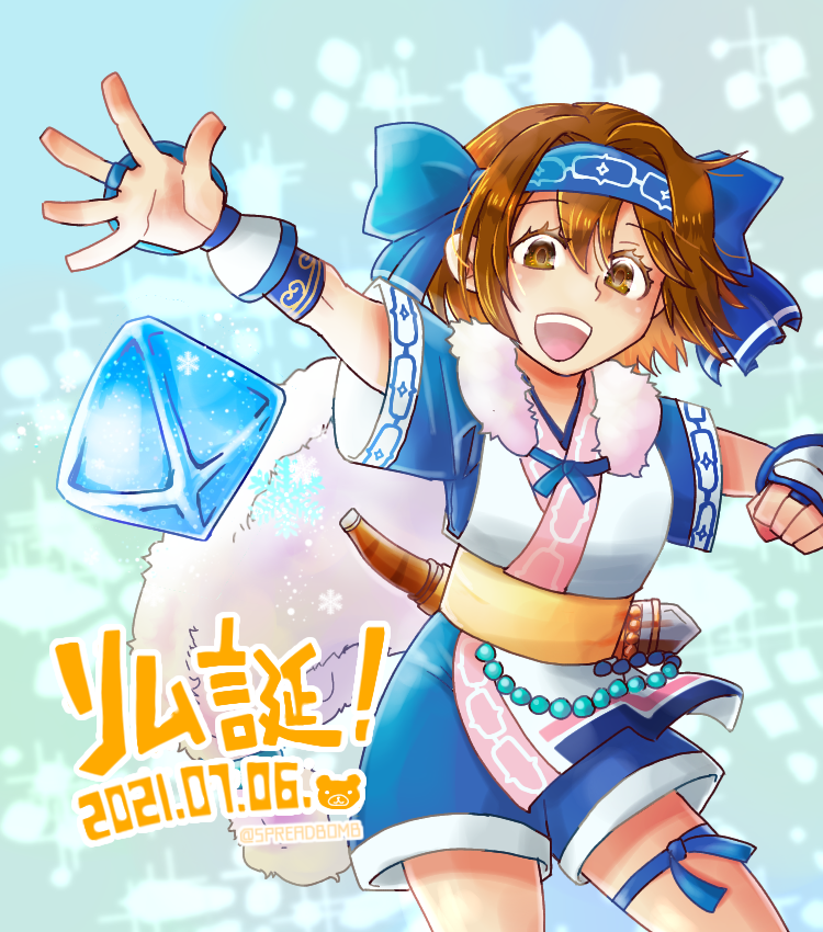 1girl, ainu_clothes, blue_bow, bow, brown_eyes, brown_hair, dagger, dated
