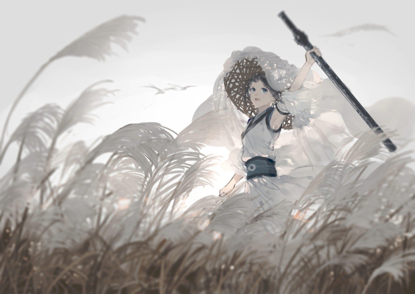 1girl, arm_up, bird, black_hair, blue_eyes, detached_sleeves, dress, flying