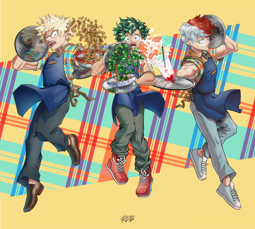 3boys, :o, absurdres, apron, bakugou_katsuki, black_pants, blonde_hair, boku_no_hero_academia