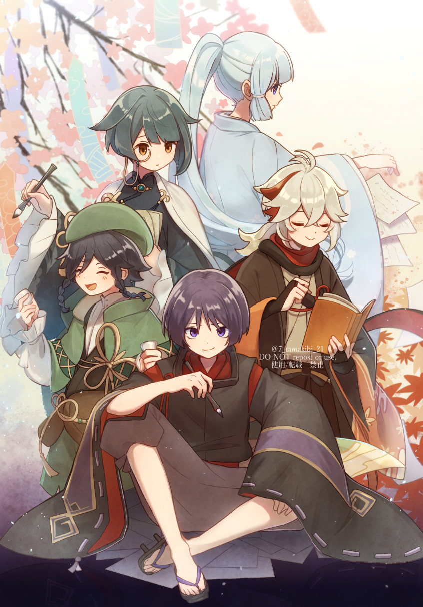1girl, 4boys, :d, ^_^, akahito_(genshin_impact), antenna_hair, aoi_no_okina_(genshin_impact), artist_name, asymmetrical_bangs, bangs, beret, black_hair, black_kimono, black_scarf, blue_eyes, blue_hair, blue_kimono, blunt_bangs, book, braid, branch, bridal_gauntlets, brown_eyes, brown_jacket, brown_kimono, brush, calligraphy_brush, closed_eyes, closed_mouth, commentary_request, crossed_bangs, diagonal_bangs, expressionless, facing_away, feet, floating_hair, frilled_sleeves, frills, full_body, genshin_impact, geta, green_headwear, green_shorts, grey_hair, hakama, hakama_shorts, hand_up, haori, hat, high_ponytail, highres, holding, holding_book, holding_brush, jacket, japanese_clothes, kaedehara_kazuha, kamisato_ayaka, kimono, kuronushi_(genshin_impact), leaf_print, long_hair, long_sleeves, looking_at_another, looking_at_viewer, low_ponytail, maple_leaf_print, medium_hair, monocle, multicolored_hair, multiple_boys, open_book, open_clothes, open_jacket, open_mouth, paintbrush, paper, parted_bangs, ponytail, profile, puffy_long_sleeves, puffy_sleeves, purple_hair, red_scarf, redhead, ribbon-trimmed_sleeves, ribbon_trim, sandals, scaramouche_(genshin_impact), scarf, shirt, short_hair, shorts, side_braids, sidelocks, sitting, smile, smirk, streaked_hair, suikou_(genshin_impact), sumizome_(genshin_impact), tamakibi, tassel, tree, twin_braids, twitter_username, two-tone_hair, venti_(genshin_impact), very_long_hair, violet_eyes, watermark, white_shirt, wide_sleeves, xingqiu_(genshin_impact)
