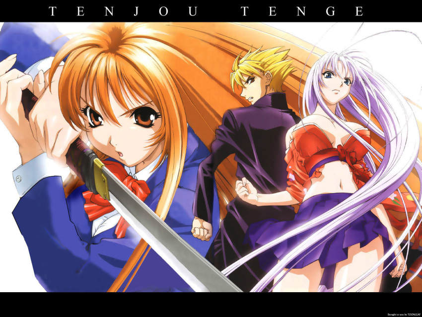 angry, antenna_hair, back-to-back, blazer, blonde_hair, blue_eyes, bow, breasts