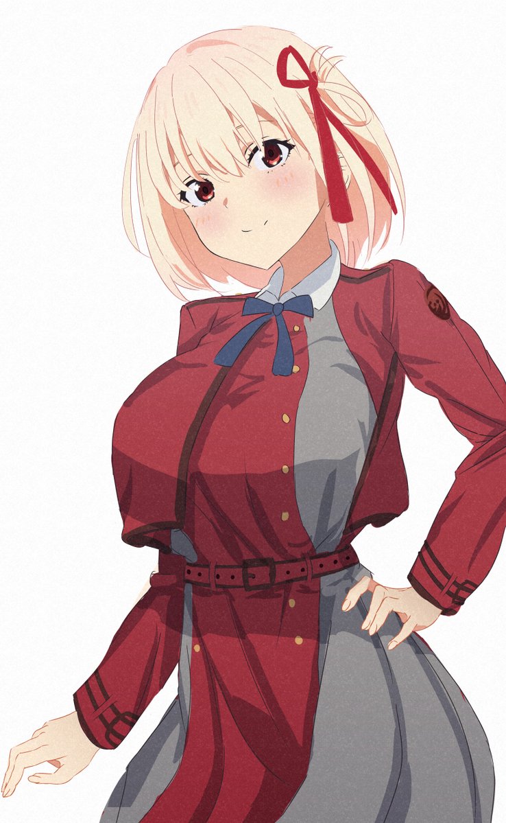 1girl, belt, blonde_hair, blue_ribbon, breasts, collared_shirt, commentary_request, grey_skirt