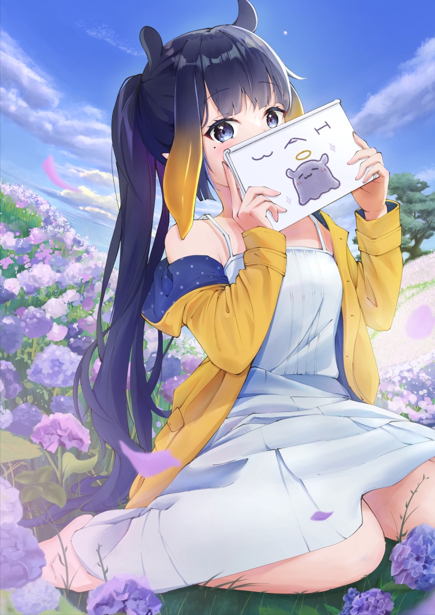 1girl, absurdres, amakumo517, bangs, bare_shoulders, blue_eyes, blue_hair, blue_sky, blunt_bangs, blush, clouds, commentary, covering_mouth, day, dress, eyelashes, falling_petals, field, flower, flower_field, gradient_hair, grass, hands_up, highres, holding, hololive, hololive_english, hydrangea, long_hair, long_sleeves, looking_at_viewer, mole, mole_under_eye, multicolored_hair, ninomae_ina'nis, off_shoulder, on_ground, open_clothes, orange_hair, outdoors, petals, pink_flower, ponytail, purple_flower, raincoat, sidelocks, sitting, sketchbook, sky, sleeveless, sleeveless_dress, solo, spaghetti_strap, sundress, takodachi_(ninomae_ina'nis), tentacles, tree, two-sided_coat, very_long_hair, violet_(ninomae_ina'nis), virtual_youtuber, white_dress, yellow_raincoat, yokozuwari