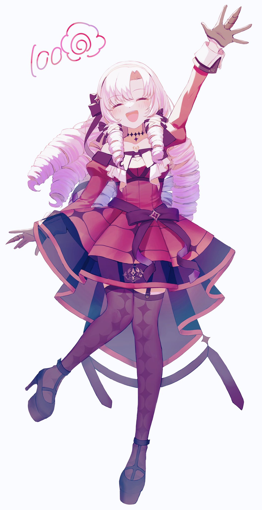 1girl, argyle, argyle_legwear, bare_shoulders, chest_tattoo, choker, claw_ring, corset