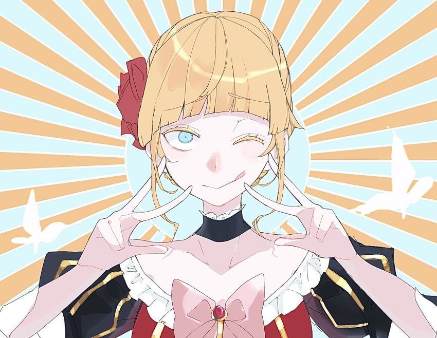 1girl, :q, beatrice_(umineko), black_dress, blonde_hair, blue_eyes, bow, braid