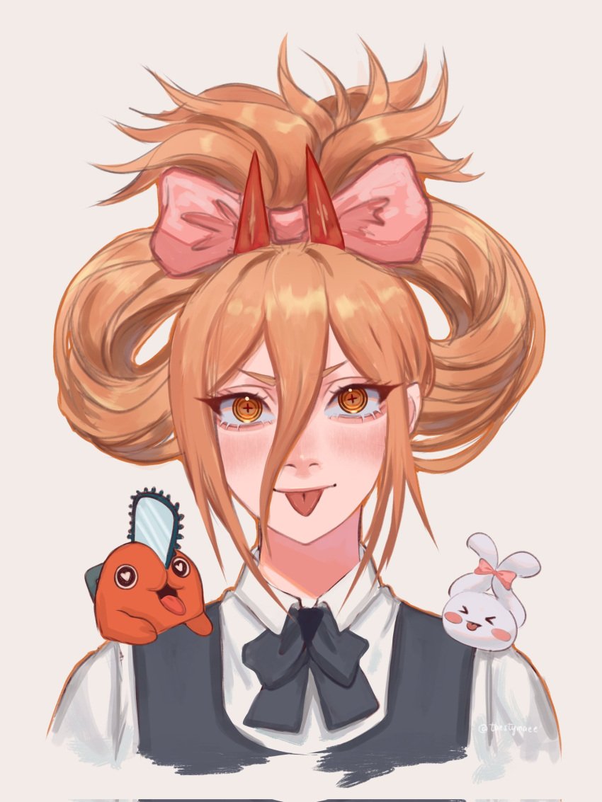 >:), 1girl, :p, alternate_hairstyle, bangs, bow, chainsaw_man, cinnamiku