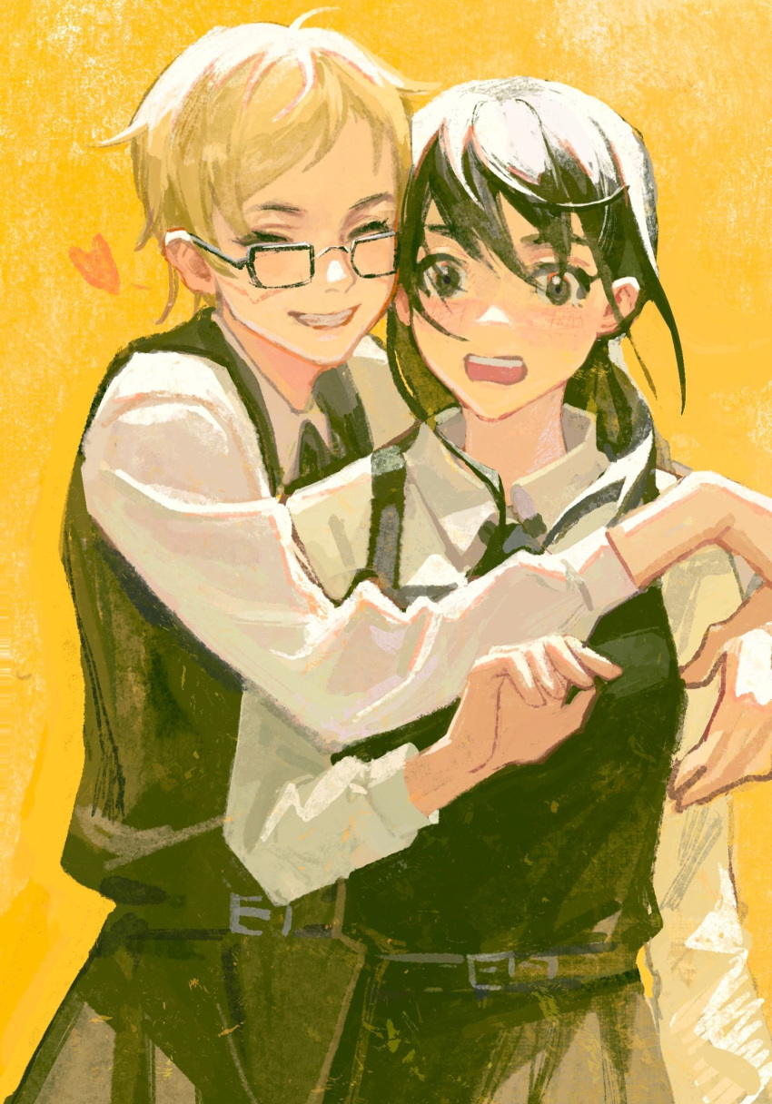 2girls, ^_^, arms_around_neck, bangs, belt, belt_buckle, black-framed_eyewear, black_dress