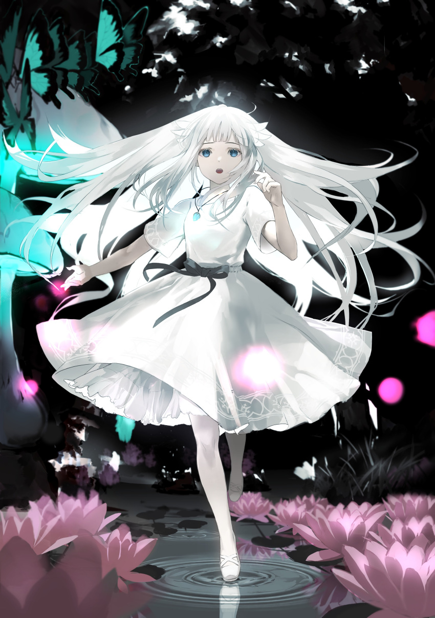 1girl, absurdres, ballet_slippers, bangs, blue_butterfly, blue_eyes, blunt_bangs, bow